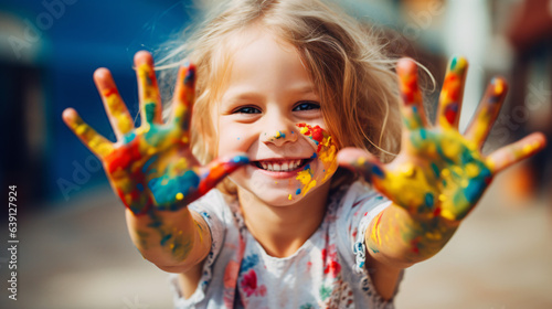 Young girl engaging with colorful paints, hand covered in vibrant hues. Concept of creative and happy childhood against a modern background.

Generative AI
