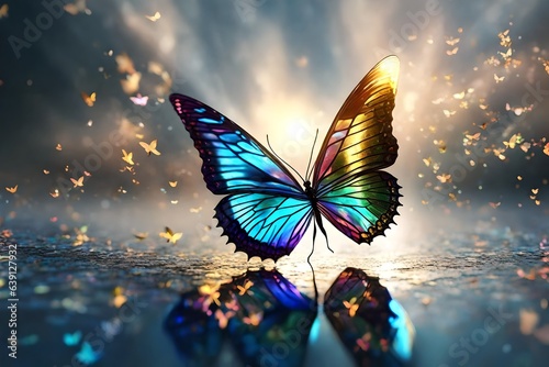 A metallic butterfly with reflective wings, catching and refracting sunlight to create a stunning iridescent effect © Arqumaulakh50