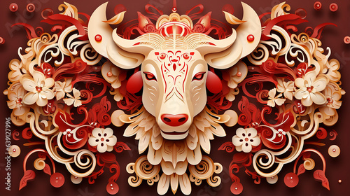Happy Chinese new year 2024 Zodiac sign year of the bull with paper art. photo
