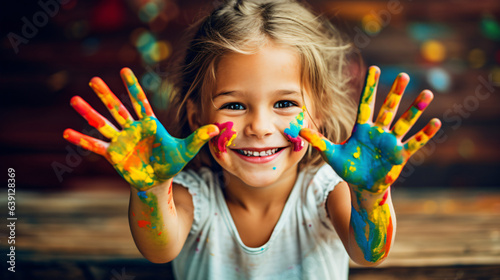 Young girl engaging with colorful paints, hand covered in vibrant hues. Concept of creative and happy childhood against a modern background.

Generative AI