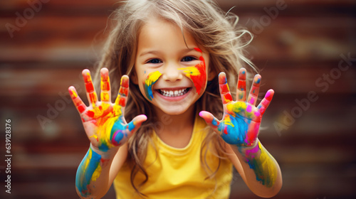 Young girl engaging with colorful paints, hand covered in vibrant hues. Concept of creative and happy childhood against a modern background.Generative AI