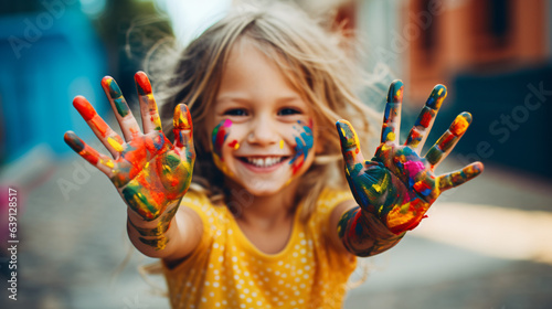 Young girl engaging with colorful paints  hand covered in vibrant hues. Concept of creative and happy childhood against a modern background.  Generative AI