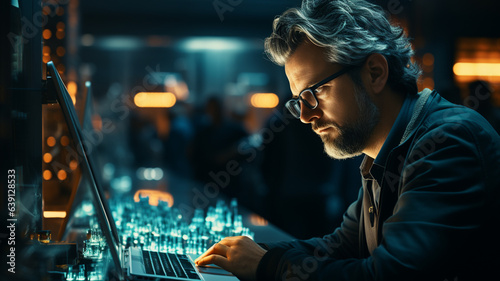 IT Specialist at data center using Laptop Computer. Server farm cloud computing facility with System administrator working. Innovation and technology background concept