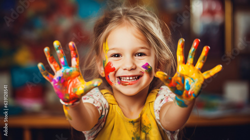 Young girl engaging with colorful paints, hand covered in vibrant hues. Concept of creative and happy childhood against a modern background.

Generative AI