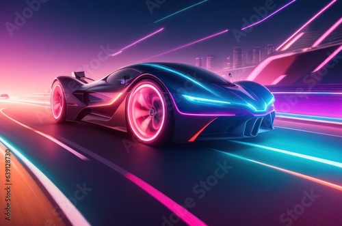 supercar neon style running speed on road with neon light background.generative AI