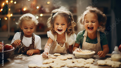 Happy family and playful children baking cookies in a modern kitchen. Concept of creative and joyful childhood.  Generative AI