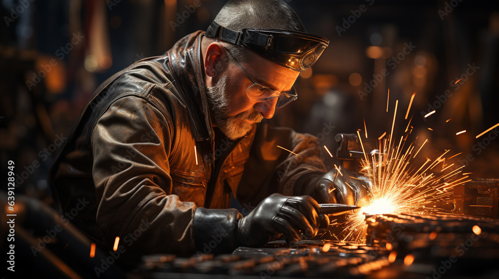 Welding worker working weld metal. Welding worker working weld metal.