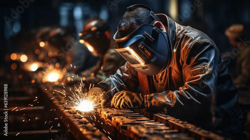 Welding worker working weld metal.
