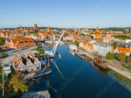 Gdansk Aerial View. Historical Old City of Gdansk and Motlawa River, Gdansk, Pomerania, Poland, Europe. 