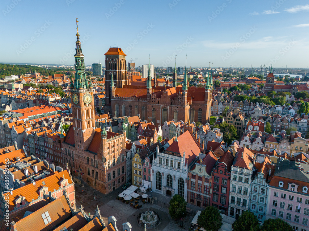 Gdansk Aerial View. Town Hall and St. Mary's Basilica. Historical Old City of Gdansk and Motlawa River, Gdansk, Pomerania, Poland, Europe. 
