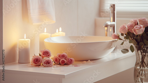 Elegant white bathroom interior featuring a modern vessel sink, rose, and candles. Romantic zen atmosphere with burning scented candles and a rose.Generative AI