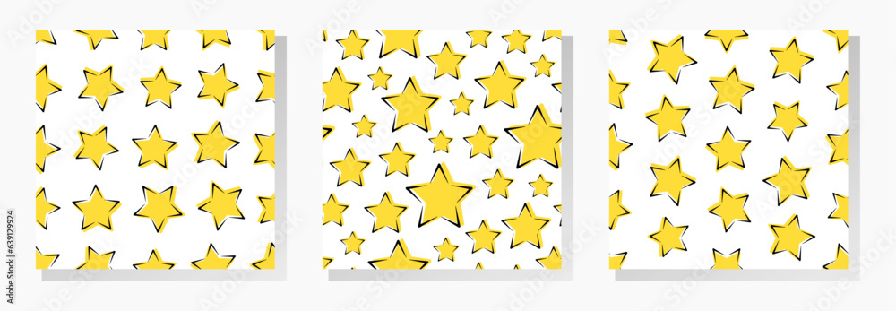 Doodle stars on white background. Vector seamless patterns collection. Best for textile, print, wrapping paper, package and festive decoration.