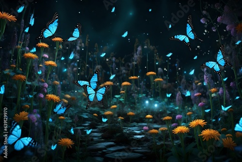 A surreal scene of a butterfly garden at night, with bioluminescent butterflies fluttering around luminous flowers