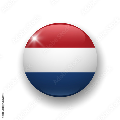 Realistic glossy button with flag of Netherlands. 3d vector element with shadow underneath. Best for mobile apps, UI and web design.