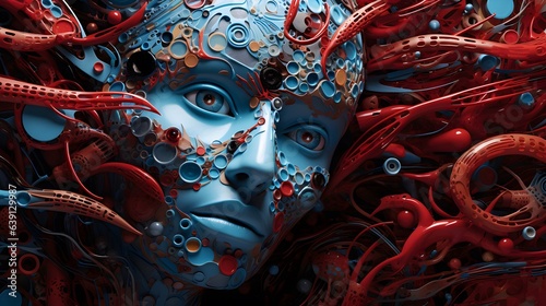 Surreal painting of human face. Poster, t-shirt print, cover.