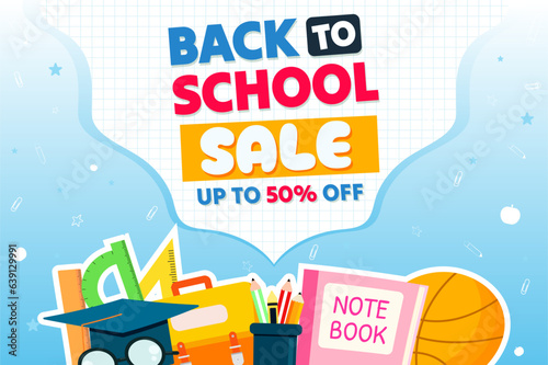 Vector Back to school Sale horizontal banner template and background with school items.