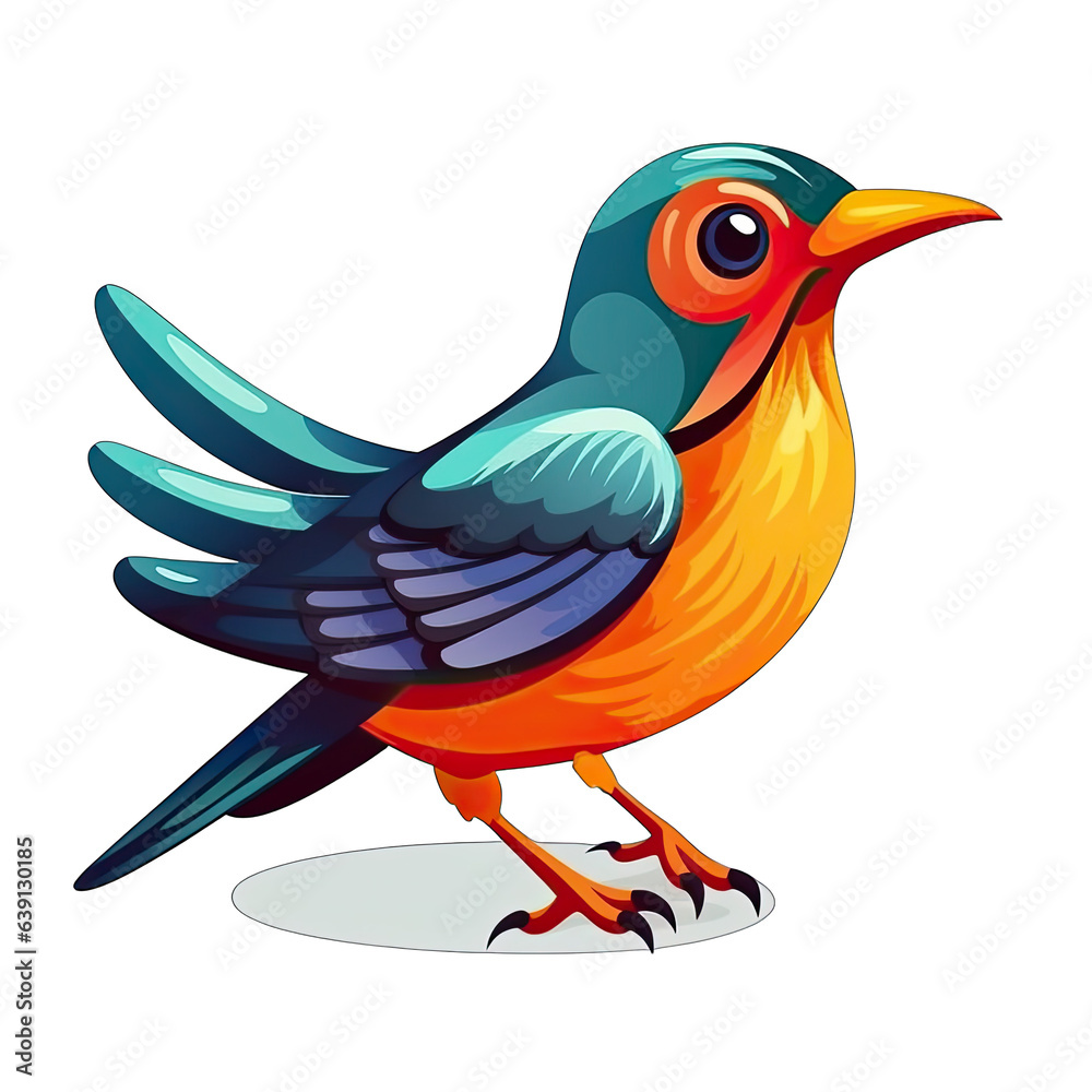 Obraz premium Cartoon colorful bird with blue and orange colors, in the style of light emerald and dark crimson, limited shading, colorful realism isolated on transparent background png - Generative AI