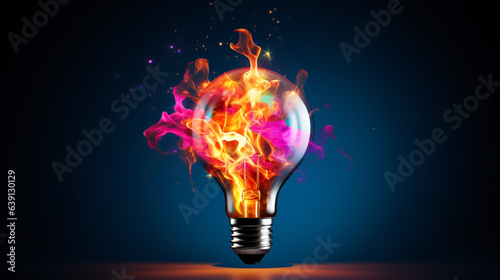 Creative light bulb bursting with vibrant paint and splatters against a dark background. A concept for thinking differently and fostering creativity.Generative AI
