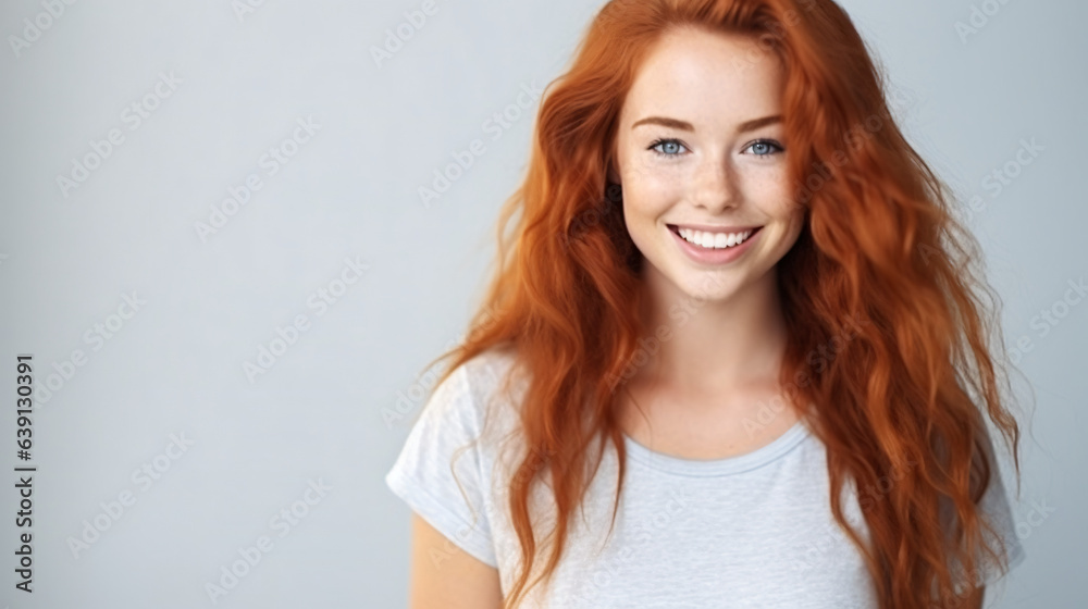 Close-up of a joyful and attractive young woman with long, wavy red hair and freckles, wearing a fashionable t-shirt, appearing happy and smiling, set against a background.

Generative AI