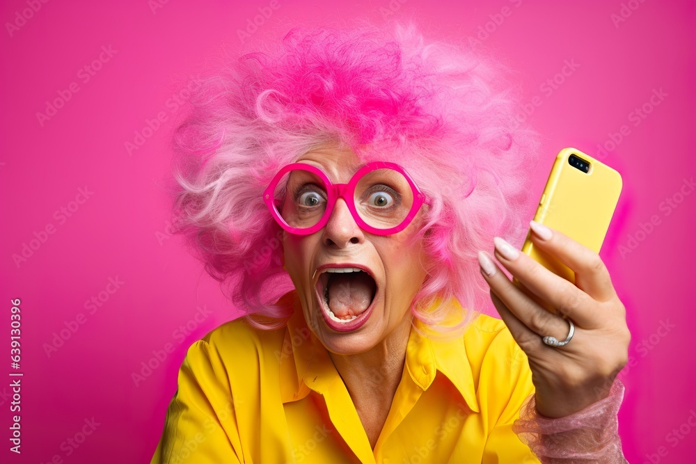 old woman is taking selfie with her smartphone, in the style of yellow and pink, captures raw emotions, barbiecore old woman is taking selfie with her smartphone, in the style of yellow and pink, captures raw emotions, barbiecore