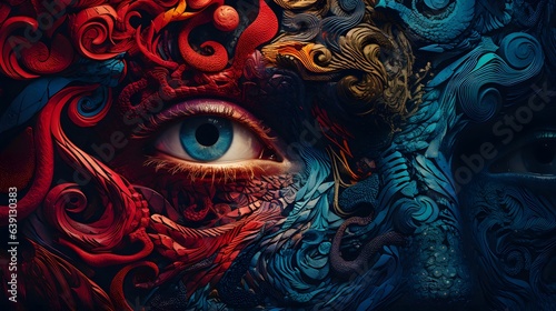 Surreal painting of human eye. Poster, t-shirt print, cover.
