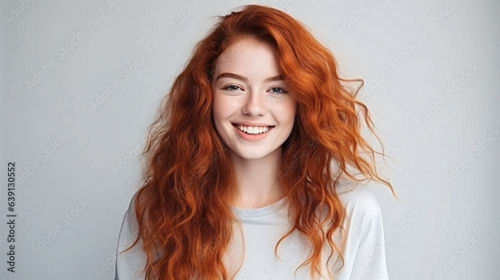Close-up of a joyful and attractive young woman with long, wavy red hair and freckles, wearing a fashionable t-shirt, appearing happy and smiling, set against a background.

Generative AI