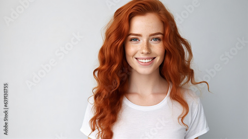 Close-up of a joyful and attractive young woman with long, wavy red hair and freckles, wearing a fashionable t-shirt, appearing happy and smiling, set against a background.

Generative AI