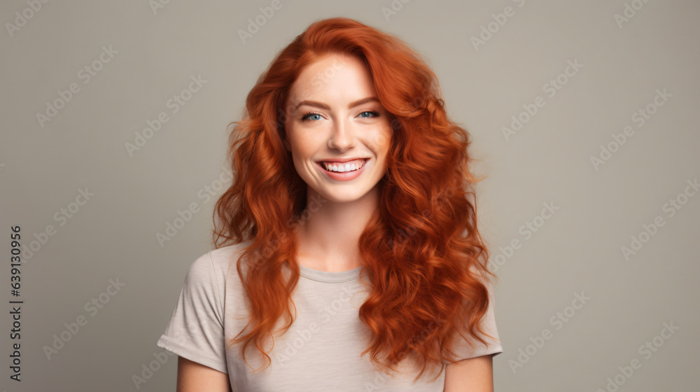 Close-up of a joyful and attractive young woman with long, wavy red hair and freckles, wearing a fashionable t-shirt, appearing happy and smiling, set against a background.
Generative AI Close-up of a joyful and attractive young woman with long, wavy red hair and freckles, wearing a fashionable t-shirt, appearing happy and smiling, set against a background.
Generative AI