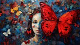 Abstract colorful portrait of a beautiful girl with butterflies. Poster, t-shirt print, cover.