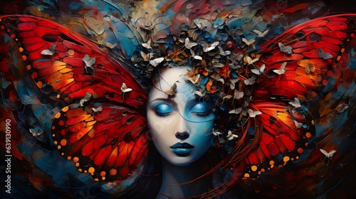 Abstract colorful portrait of a beautiful girl with butterflies. Poster, t-shirt print, cover.