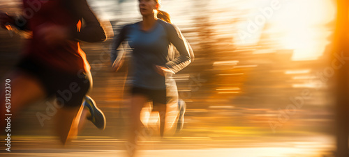 A pair of adults captured in a close-up shot during their morning run, with motion blur in the background.Generative AI.