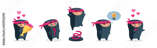 Ninja Funny Warrior Character in Samurai Costume Vector Set