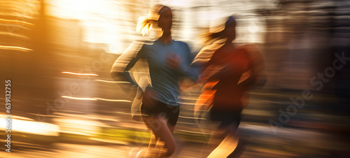 A pair of adults captured in a close-up shot during their morning run, with motion blur in the background.Generative AI.