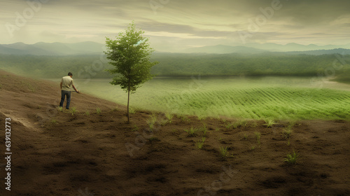 "Green Footprints": Human hands planting a sapling against the backdrop of a vast reforested landscape. This powerful image represents the importance of individual actions in reforestation