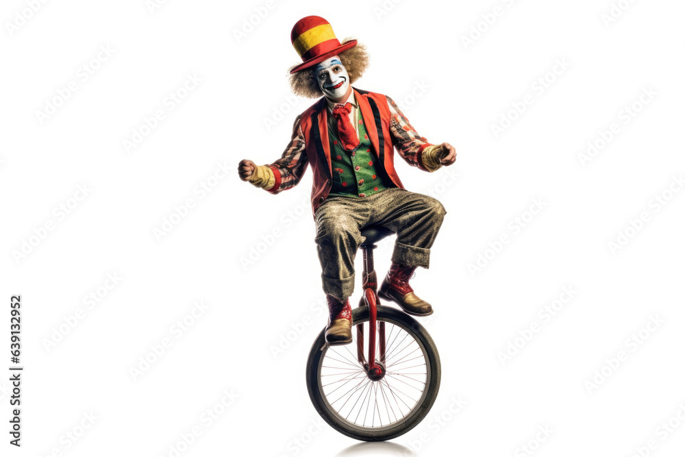 Obraz premium Clown on a unicycle juggling isolated on white background. Generative Ai