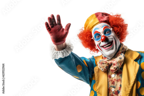 Funny cheerful clown waving isolated on white background. Generative Ai