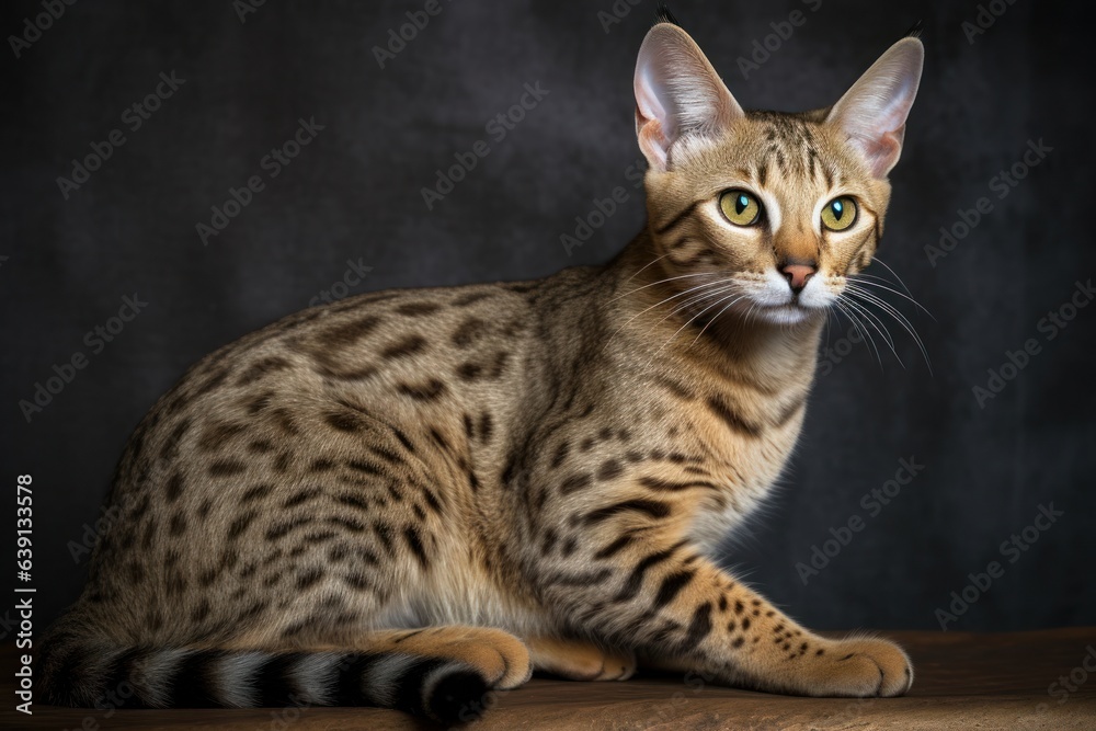 Portrait of a cute cat looking away. Savannah cat breed. Generative AI Portrait of a cute cat looking away. Savannah cat breed. Generative AI
