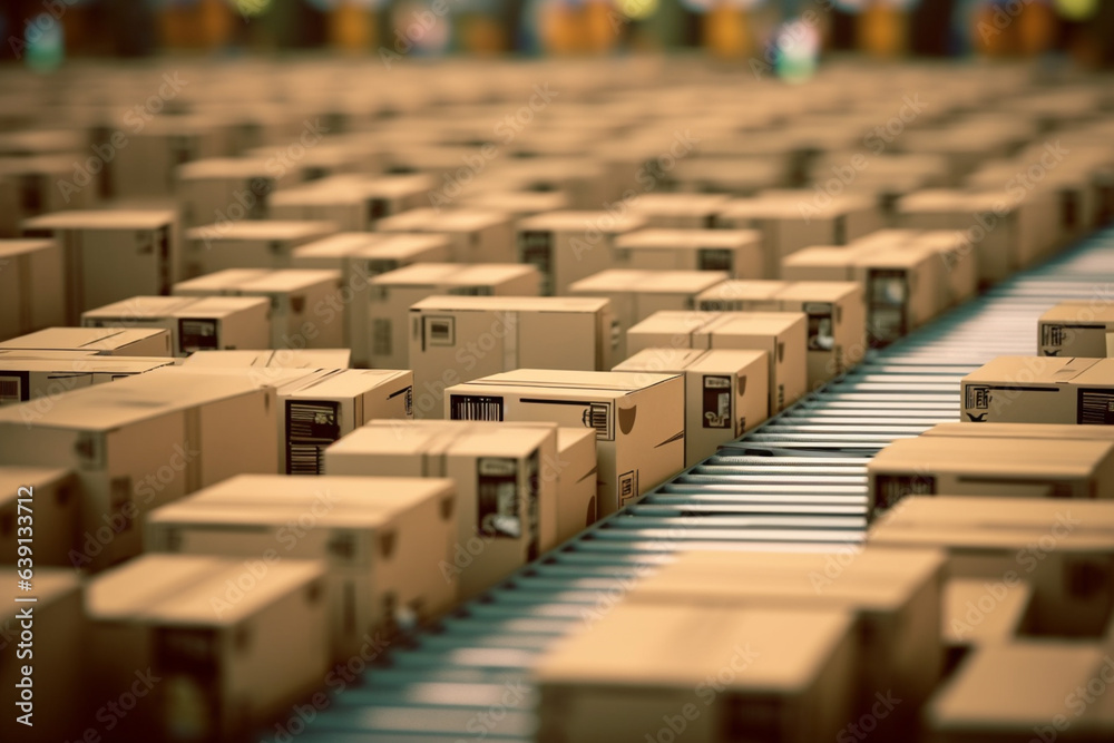warehouse with shelves and cardboard boxes, Packed courier delivery concept image warehouse with shelves and cardboard boxes, Packed courier delivery concept image