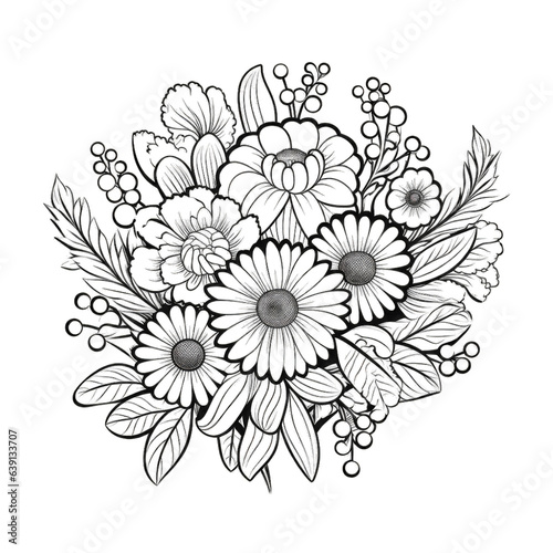 Monochrome Grace  Black on White Bouquet isolated on transparent background png - Generative AI