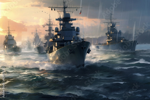 Warship in the stormy sea. 3D illustration