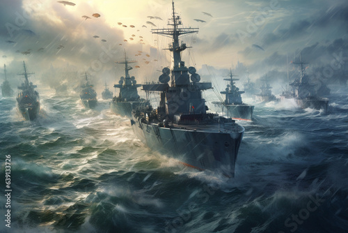 Stampa su tela Warship in the stormy sea. 3D illustration