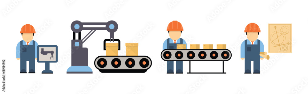 Production Process with Machine Operator Man in Hard Hat Icons Vector Set Production Process with Machine Operator Man in Hard Hat Icons Vector Set