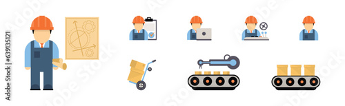 Production Process with Machine Operator Man in Hard Hat Icons Vector Set