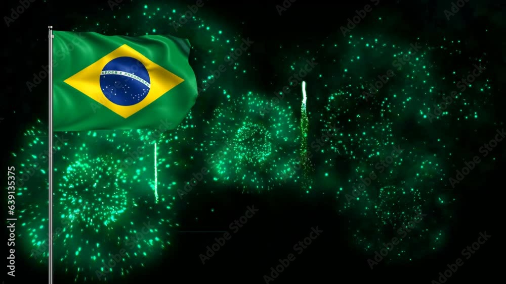 Brazil Flag Background with flagpole and fireworks. Brazil Flag Waving ...