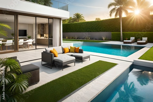 Landscape design with flower beds in home garden, beautiful landscaping in residential house backyard. Scenic view of nice landscaped garden, scenery of luxury back yard in summer generated by A tool