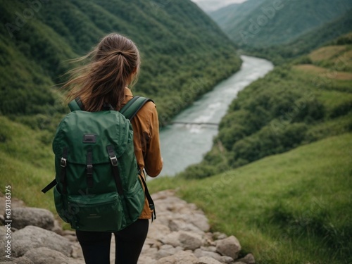 a beautiful girl hiking in mountains, with green grass looking at beautiful mountain valley And river at early morning in summer. Landscape with sporty young woman, rear view