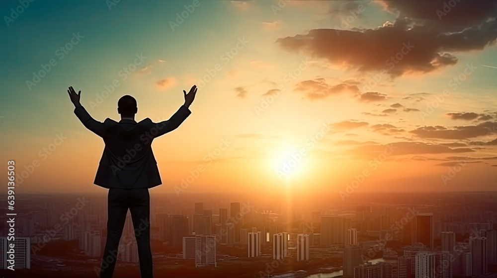 Fototapeta premium Silhouette of business male stand and feel happy on the most hight at the mountain on sunset, success, leader, teamwork, target, Aim, confident, achievement, goal, on plan, finish, generate by AI
