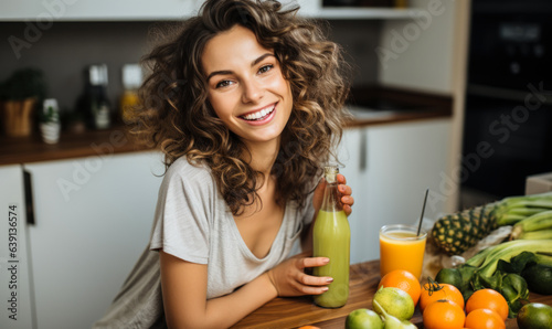 Healthy Lifestyle  Young Woman with Juice and Raw Food