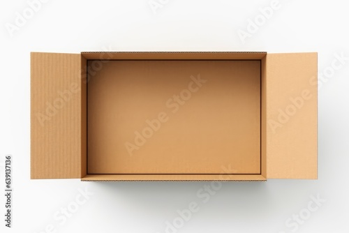 Top view of open cardboard box mockup on white background,