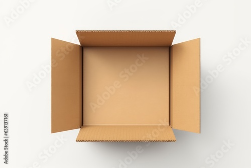 Top view of open cardboard box mockup on white background,